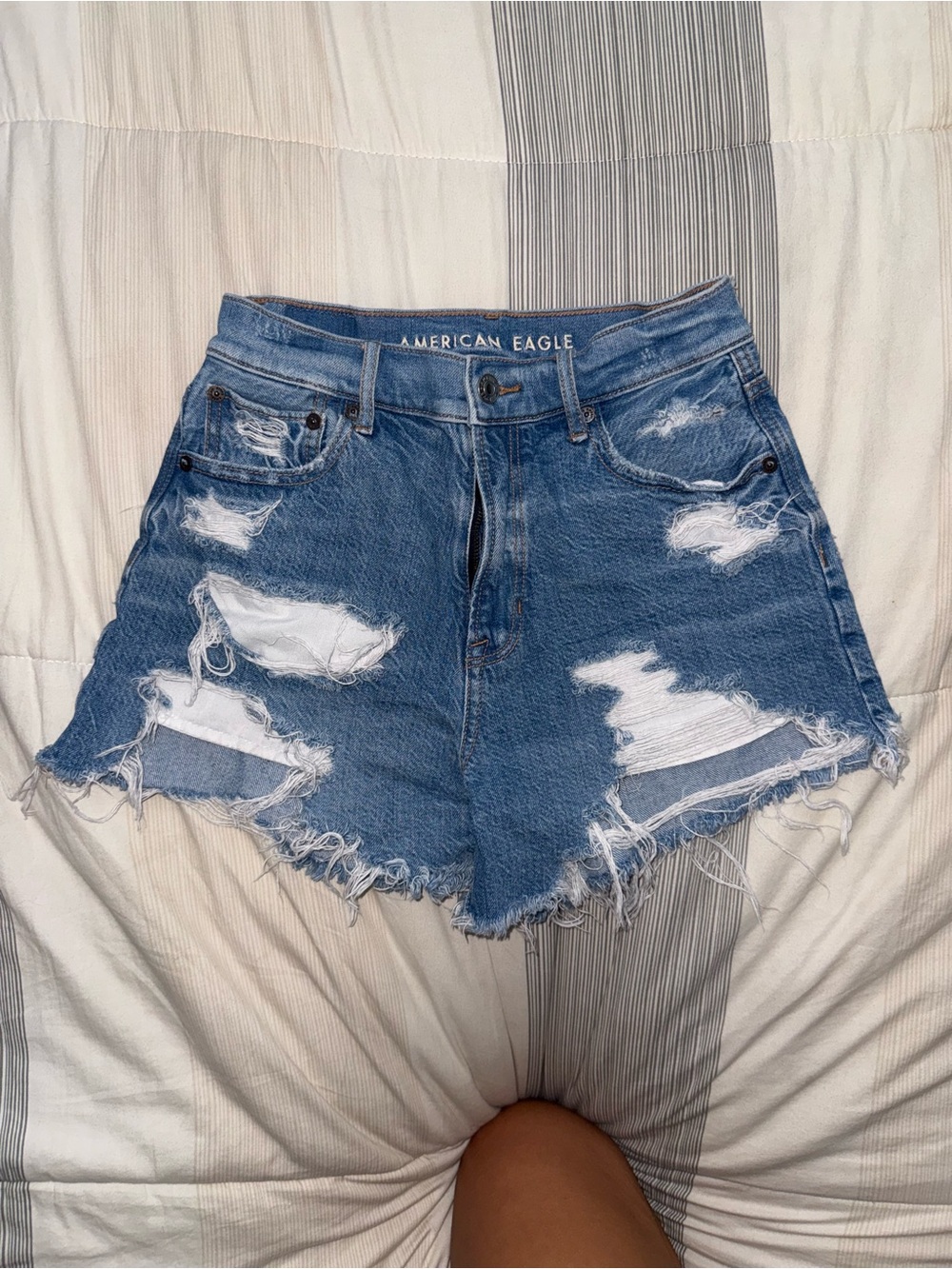 American Eagle Outfitters Blue Distressed High-Rise Denim Shorts